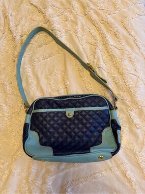Maxx New York Vintage Y2K Leather Navy and Light Blue Quilted Shoulder Bag